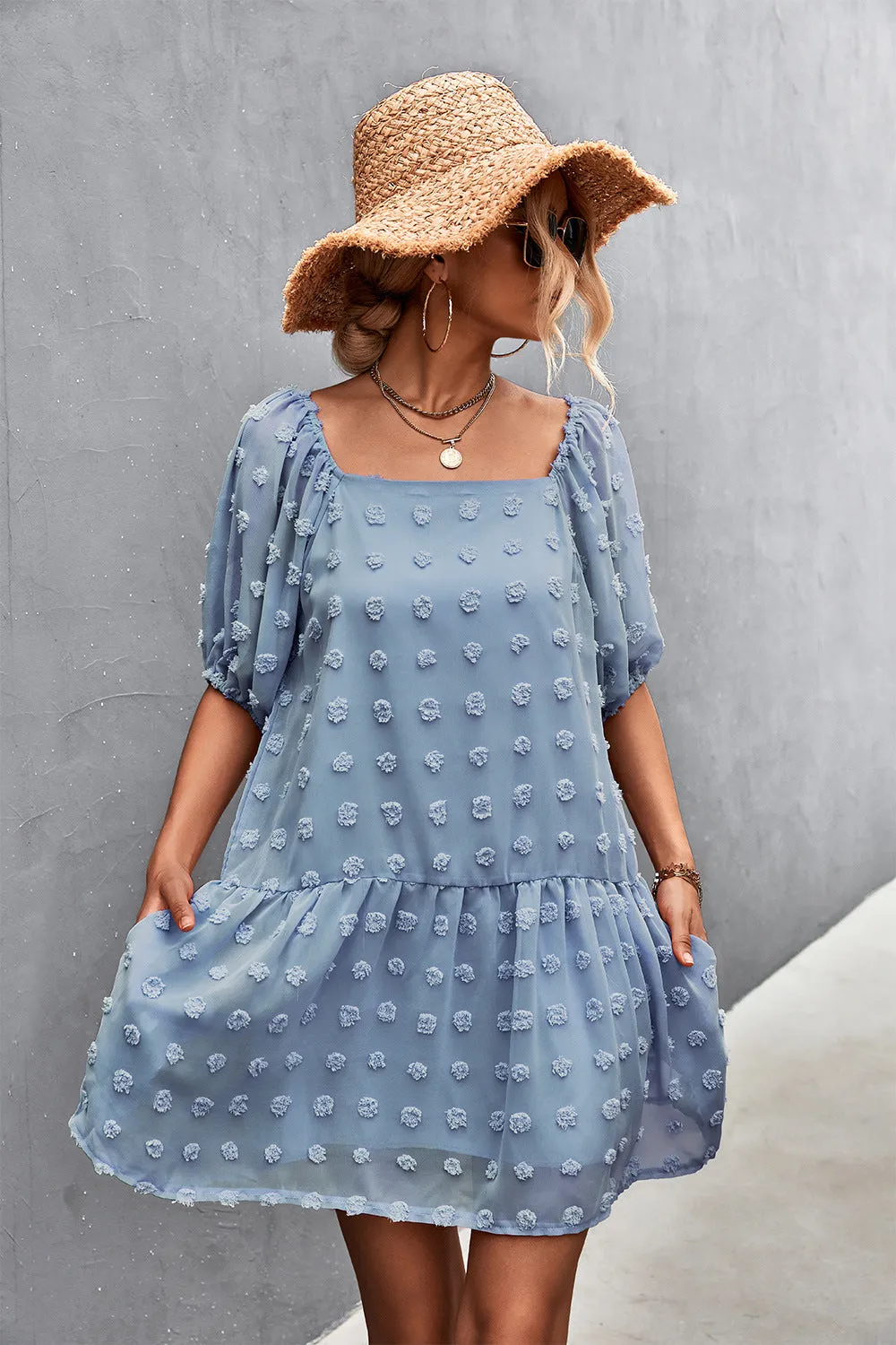 Swiss Dot Square Neck Half Balloon Sleeve Dress (3 Colors)