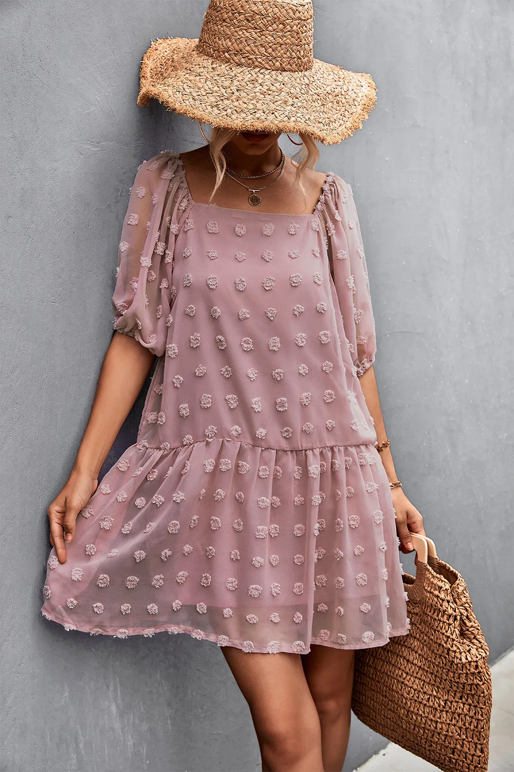 Swiss Dot Square Neck Half Balloon Sleeve Dress (3 Colors)