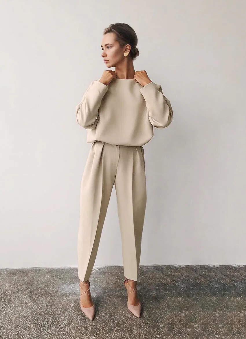 T-shirt And High Waist Cropped Suit Pants Two-piece