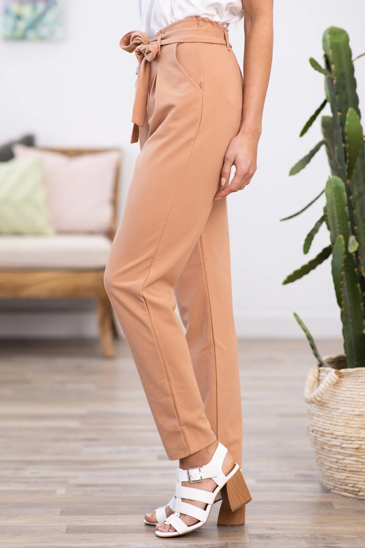 Tan Tie Waist Pleat Dress Pants