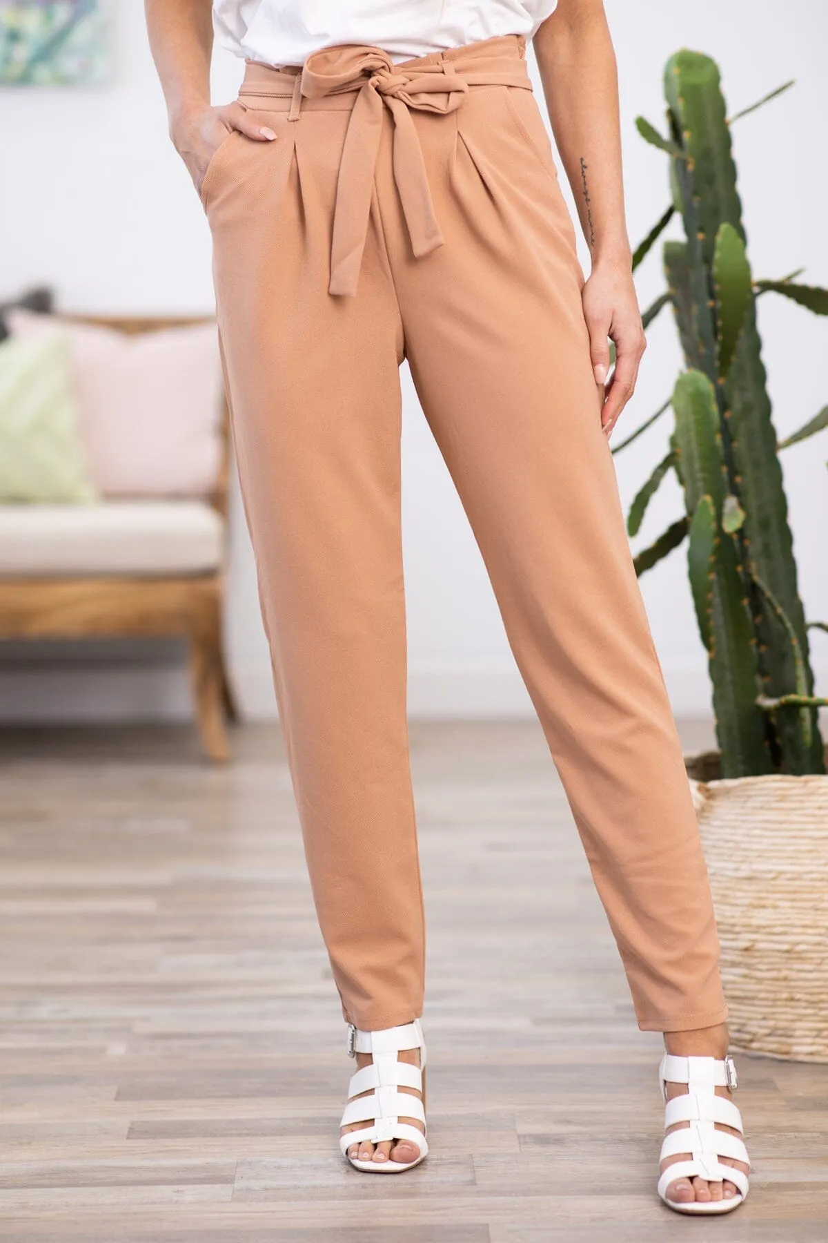 Tan Tie Waist Pleat Dress Pants
