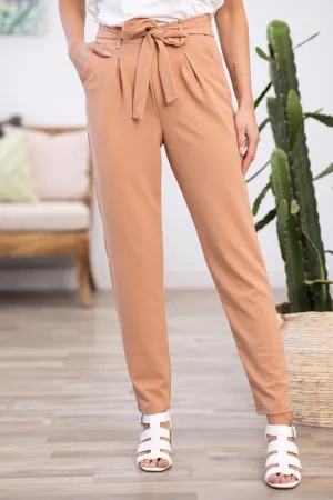 Tan Tie Waist Pleat Dress Pants