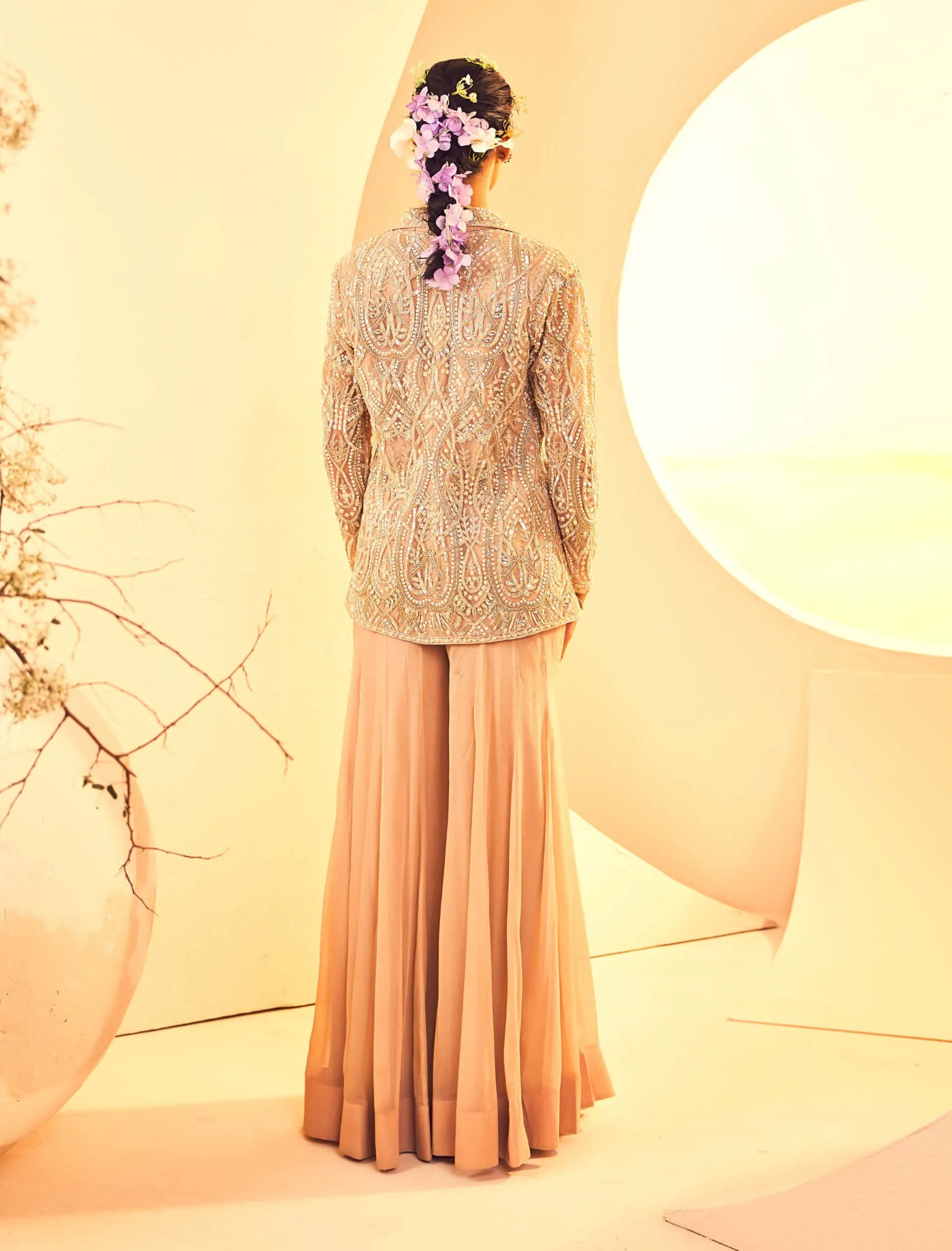 Taupe blazer and flared sharara pant