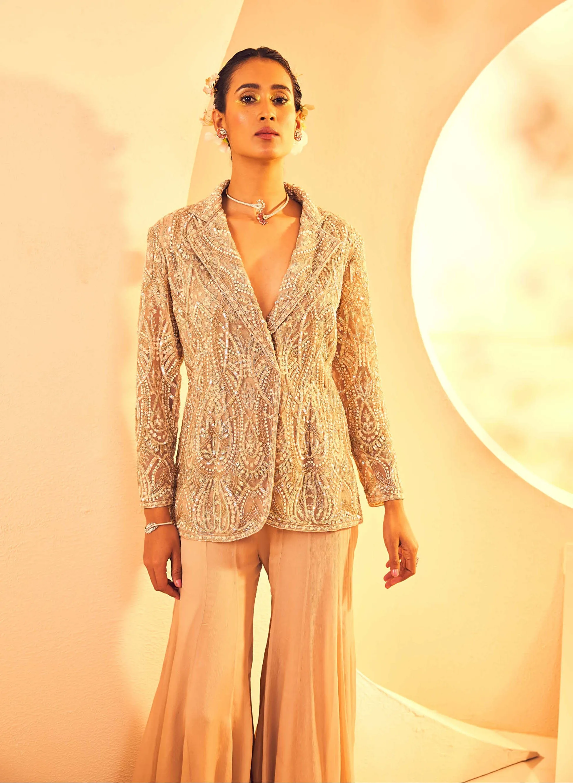 Taupe blazer and flared sharara pant