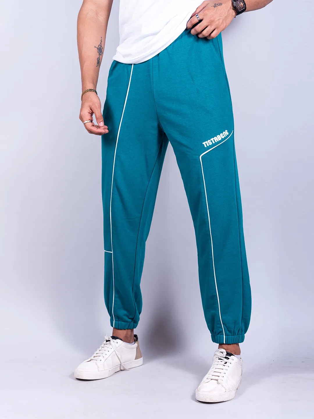 Teal Blue Tistabene Printed Cotton Joggers