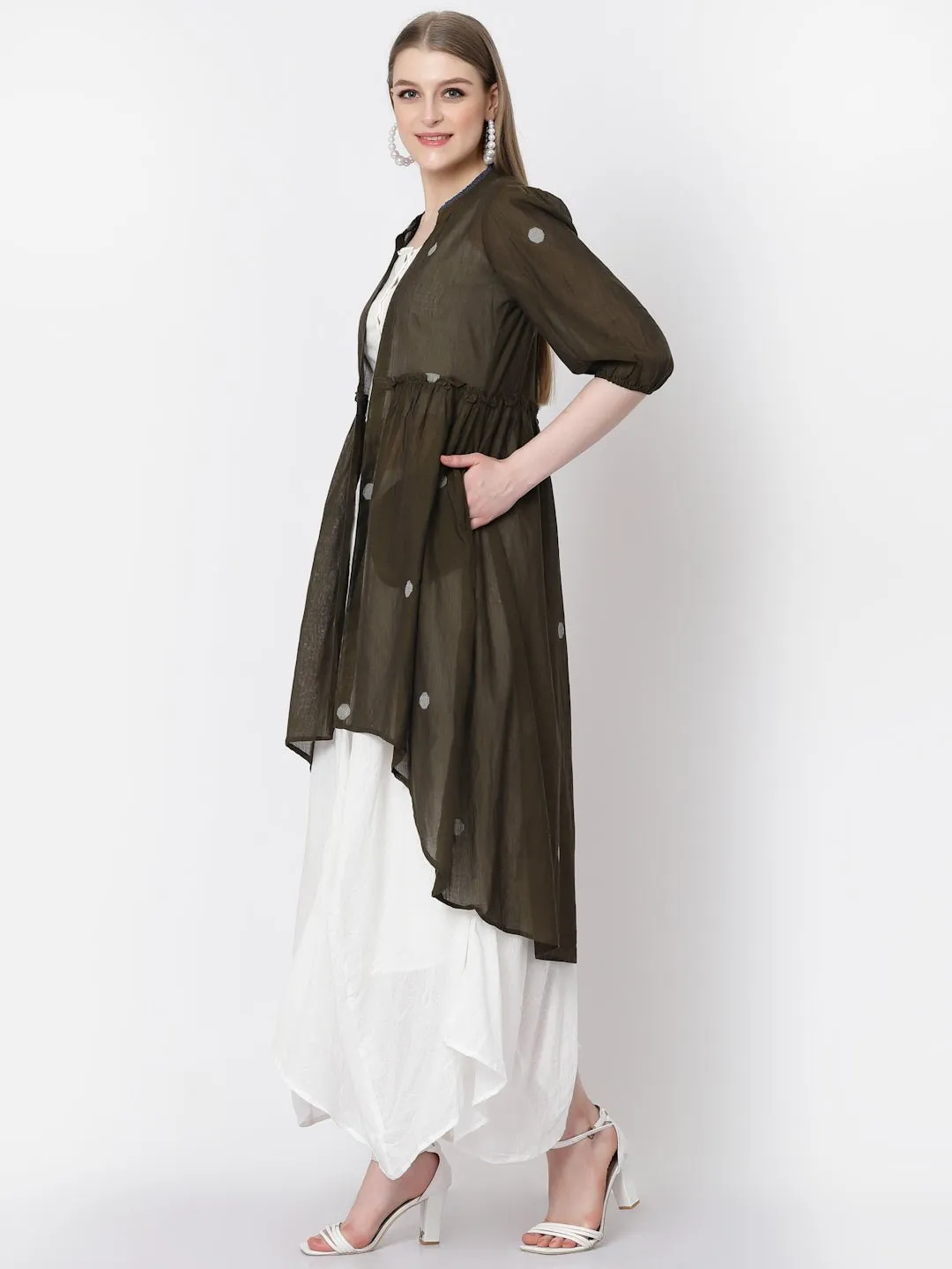 Three Piece Co-ord Set with Crop Top, Flared Pants and Long Jacket