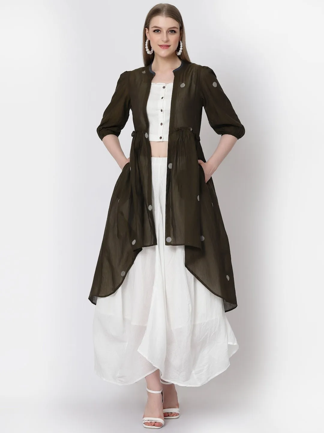 Three Piece Co-ord Set with Crop Top, Flared Pants and Long Jacket