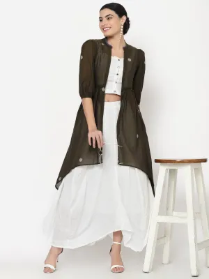Three Piece Co-ord Set with Crop Top, Flared Pants and Long Jacket