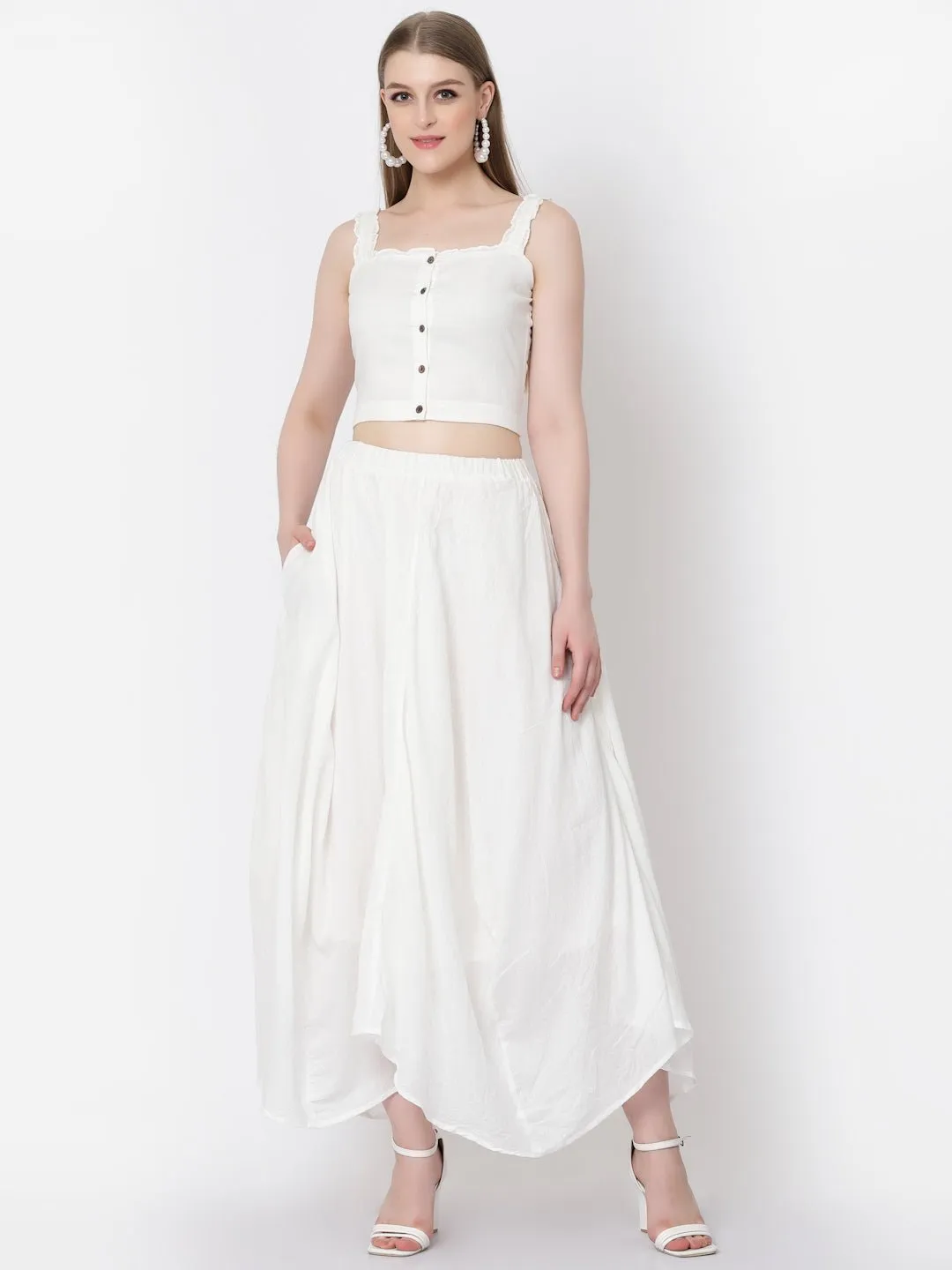 Three Piece Co-ord Set with Crop Top, Flared Pants and Long Jacket
