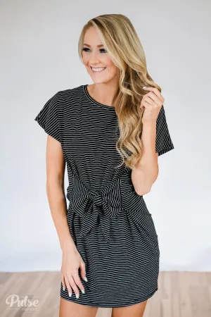 Tied For First Striped Short Sleeve Dress- Black
