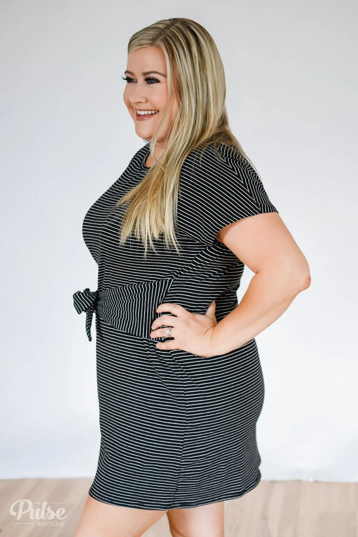 Tied For First Striped Short Sleeve Dress- Black