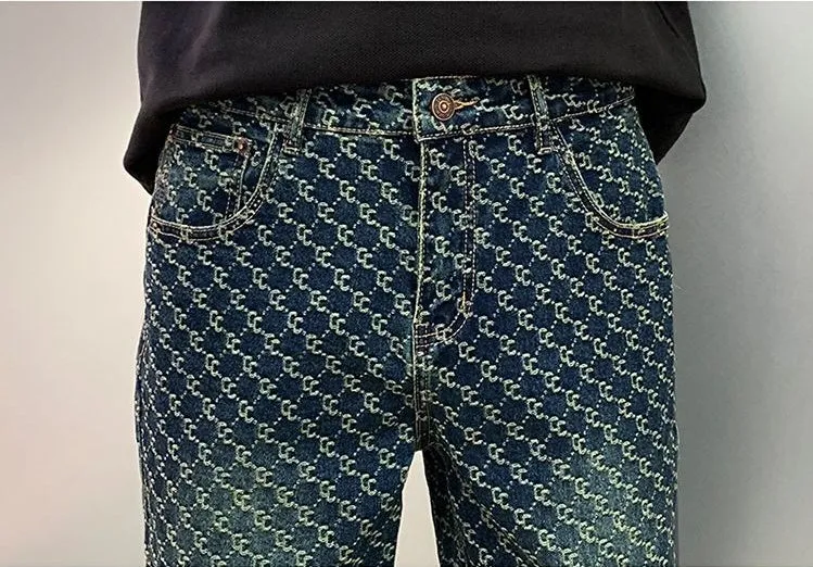 Trendy Men's Jacquard Embroidered Full-Length Jeans