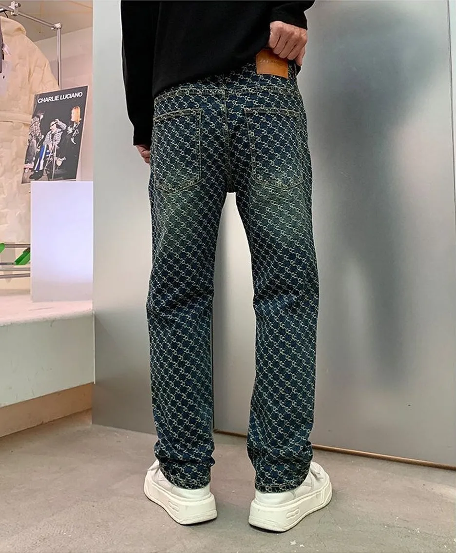 Trendy Men's Jacquard Embroidered Full-Length Jeans