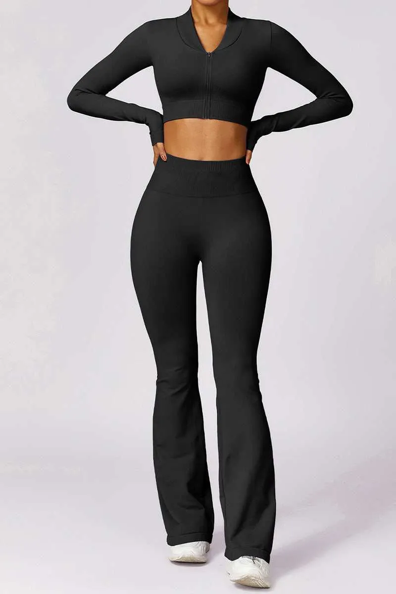Two Piece Yoga Set with Crop Top & Flared Hem Bottom