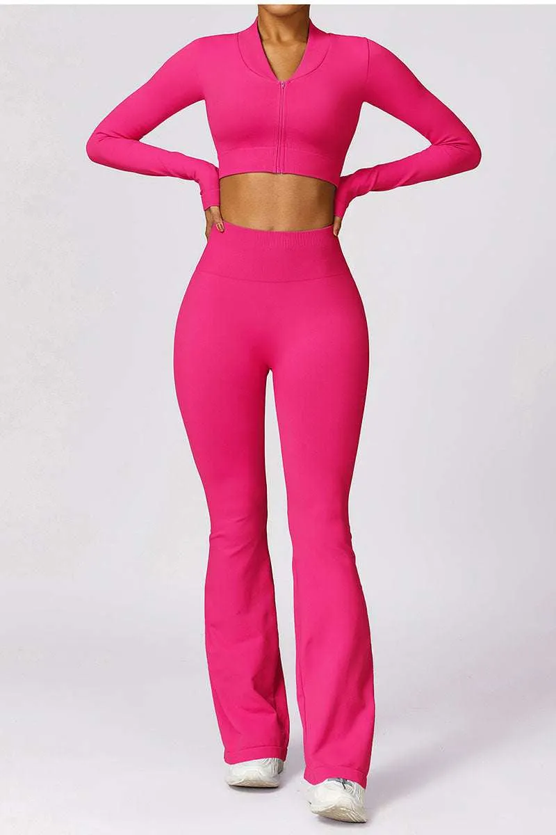 Two Piece Yoga Set with Crop Top & Flared Hem Bottom