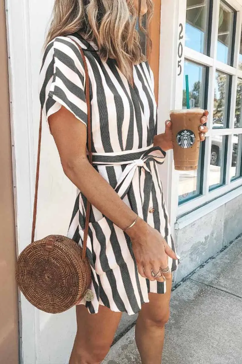V-neck Button Striped Dress ( 2 Color)