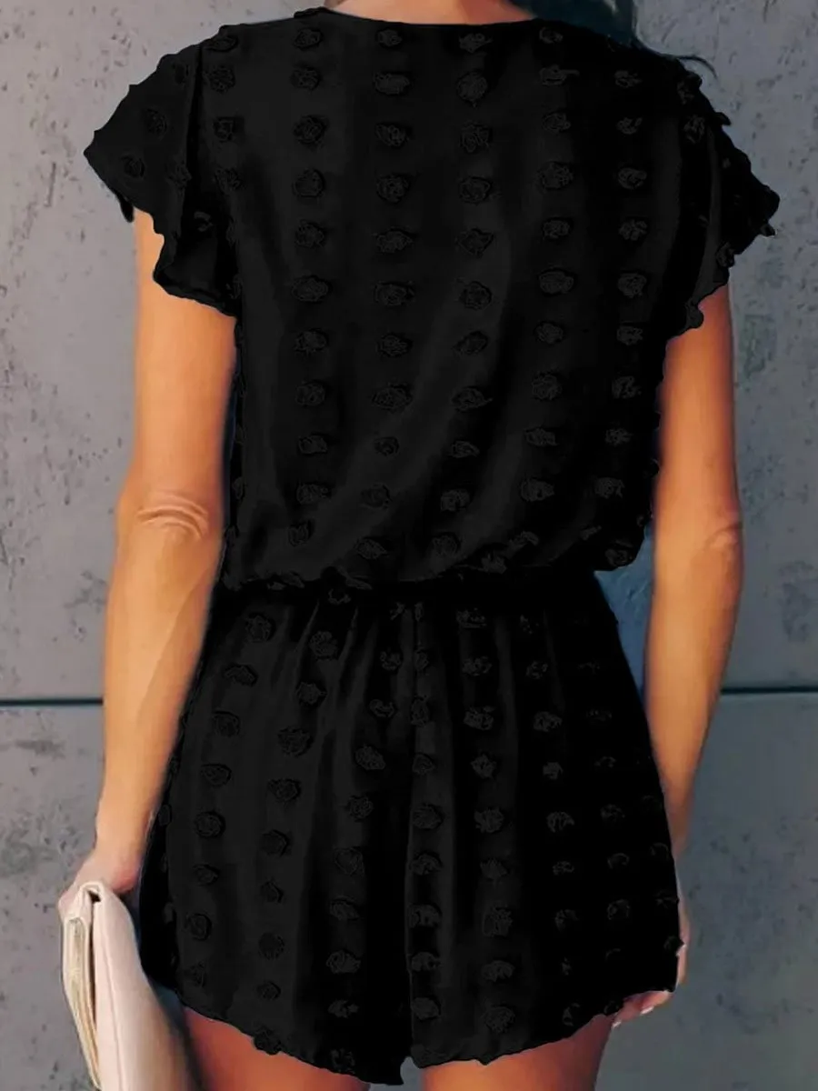 V-neck Dot Texture Pocket Romper