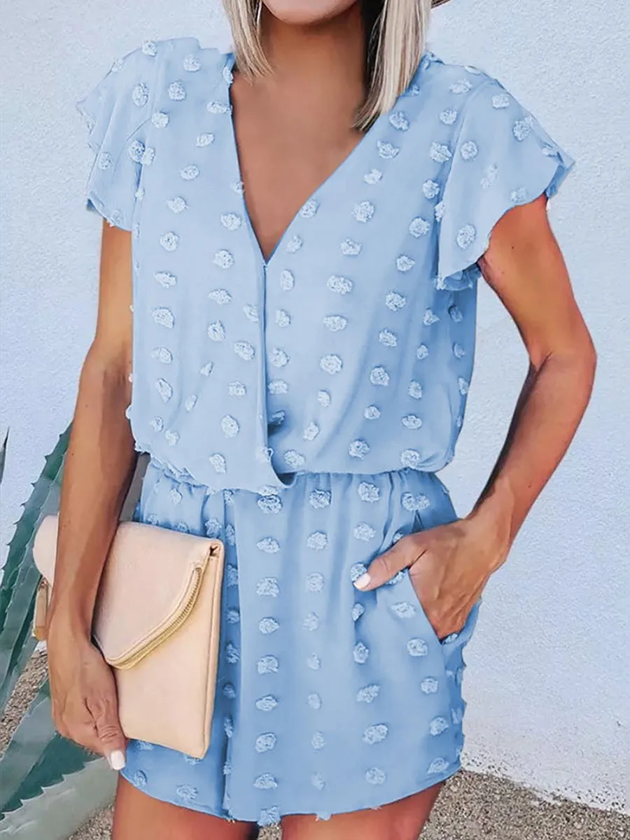 V-neck Dot Texture Pocket Romper