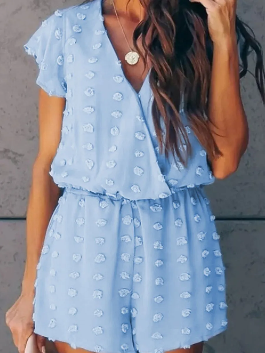 V-neck Dot Texture Pocket Romper