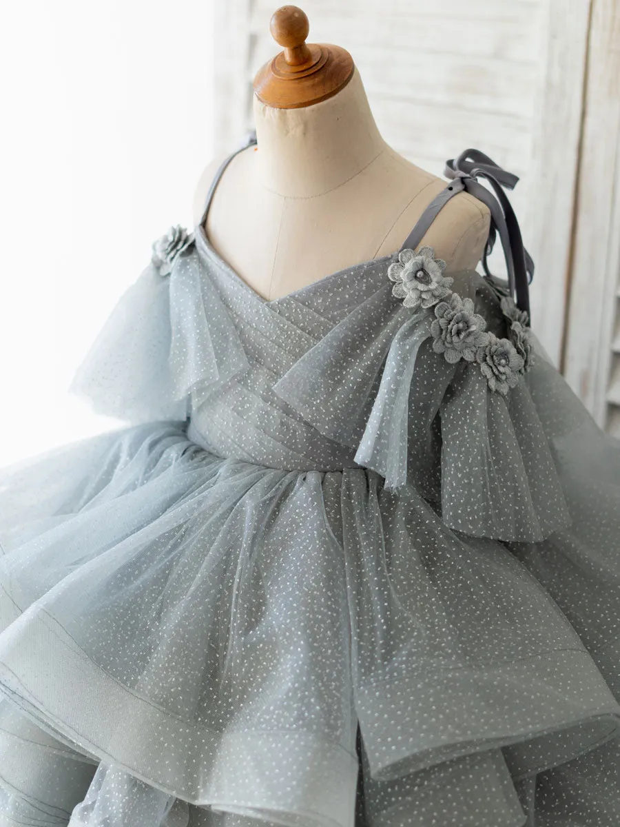 V Neck Sleeveless Flowers Tulle Grey Kids Social Party Dresses
