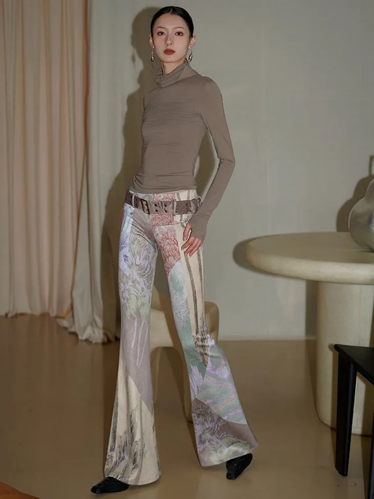 Vintage Print Slim Fit Flared Pants with Belt