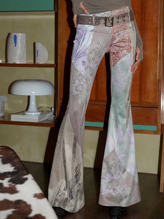 Vintage Print Slim Fit Flared Pants with Belt