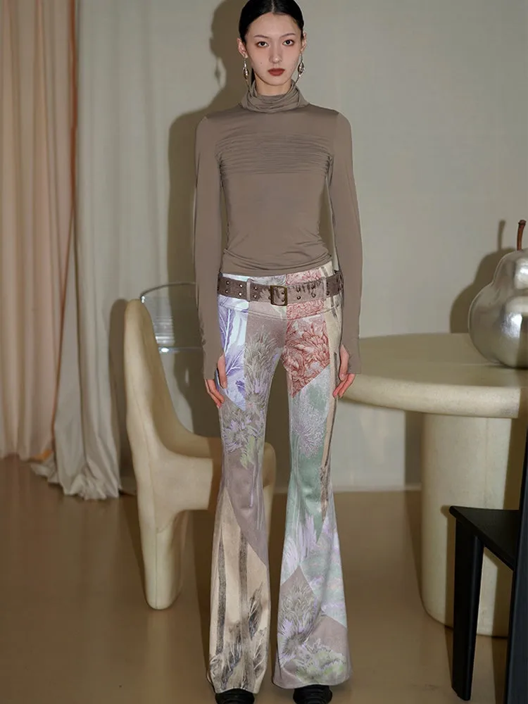 Vintage Print Slim Fit Flared Pants with Belt