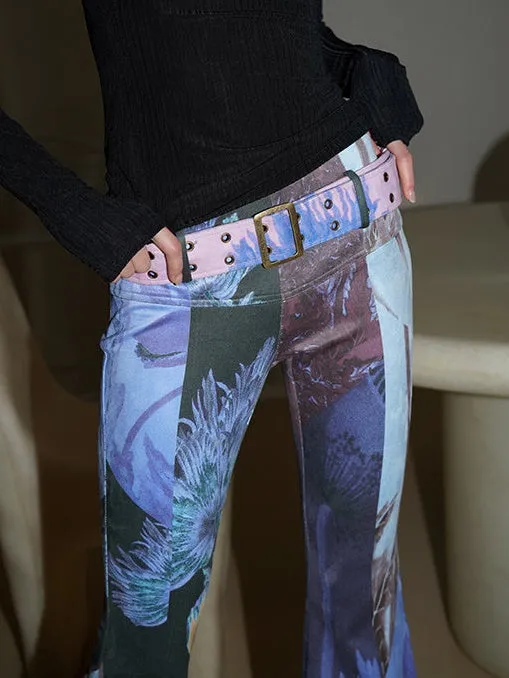 Vintage Print Slim Fit Flared Pants with Belt