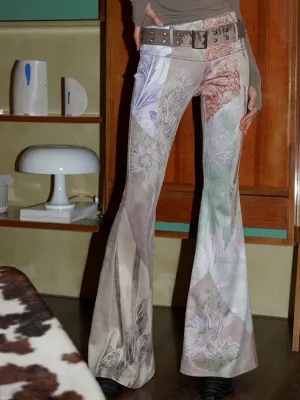 Vintage Print Slim Fit Flared Pants with Belt