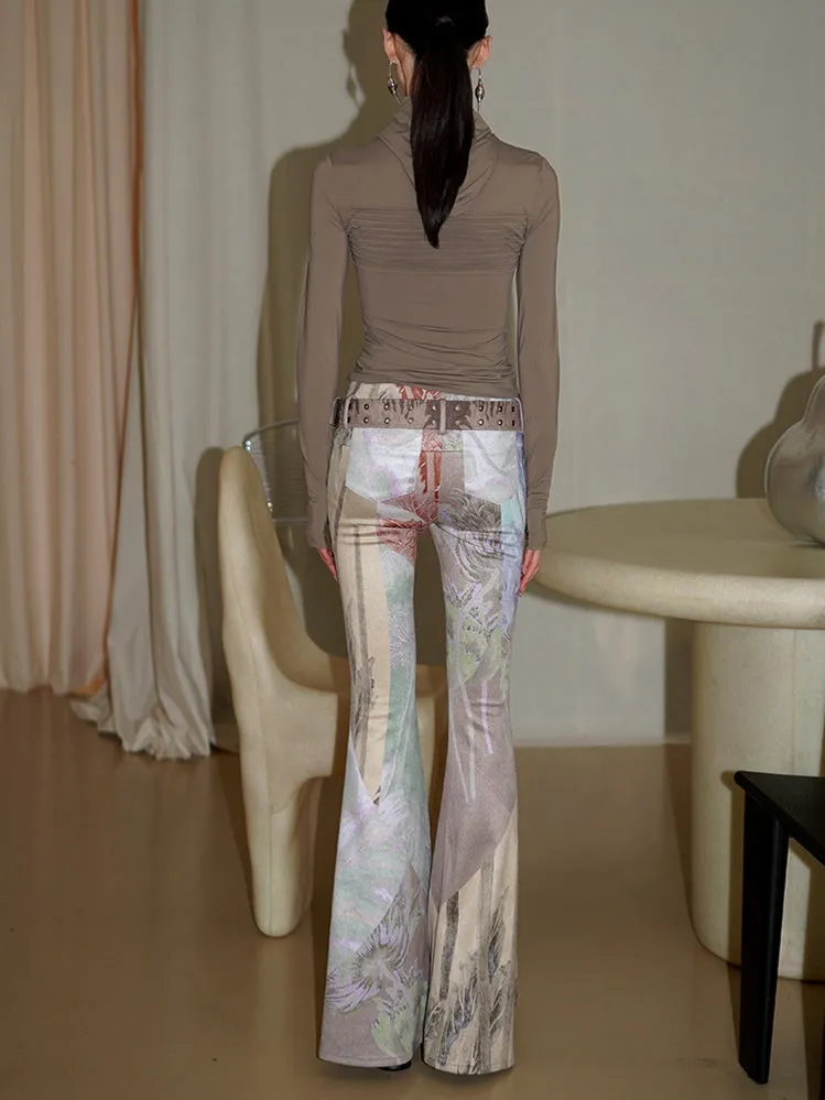 Vintage Print Slim Fit Flared Pants with Belt
