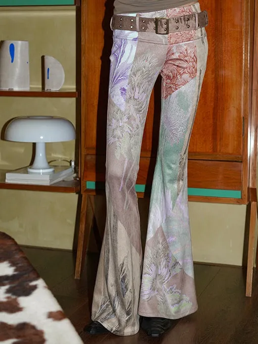 Vintage Print Slim Fit Flared Pants with Belt