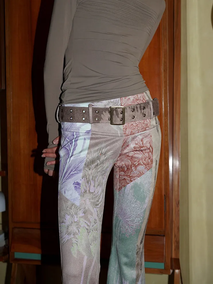 Vintage Print Slim Fit Flared Pants with Belt