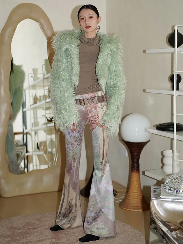 Vintage Print Slim Fit Flared Pants with Belt
