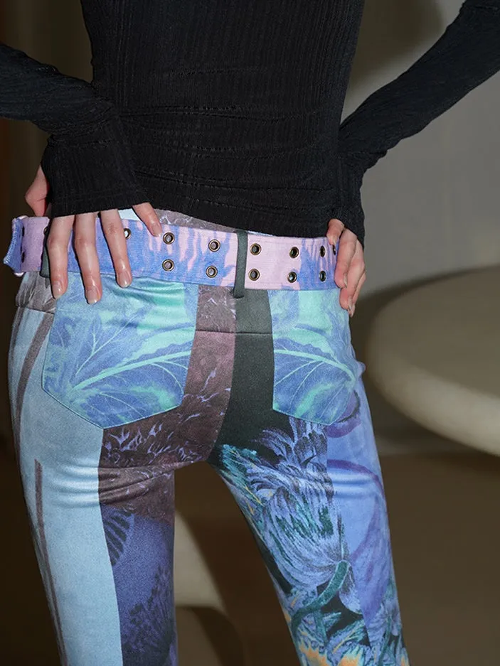 Vintage Print Slim Fit Flared Pants with Belt