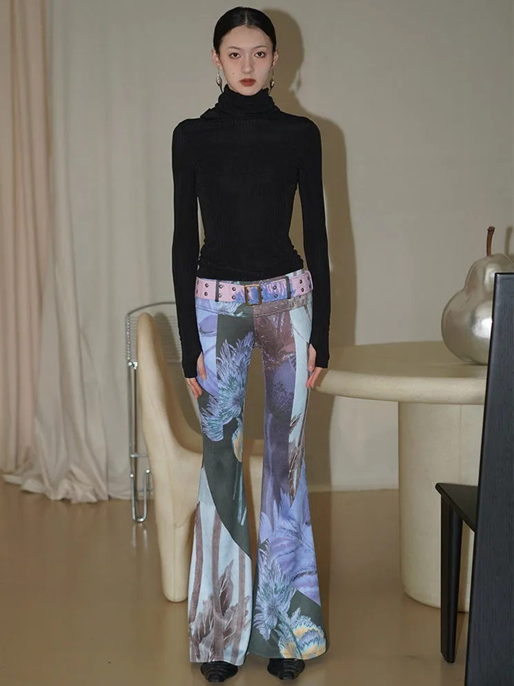 Vintage Print Slim Fit Flared Pants with Belt
