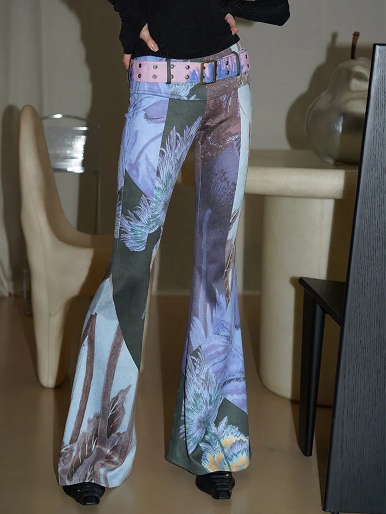 Vintage Print Slim Fit Flared Pants with Belt