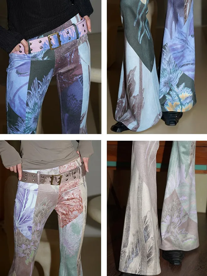 Vintage Print Slim Fit Flared Pants with Belt