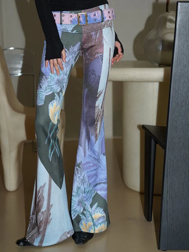 Vintage Print Slim Fit Flared Pants with Belt