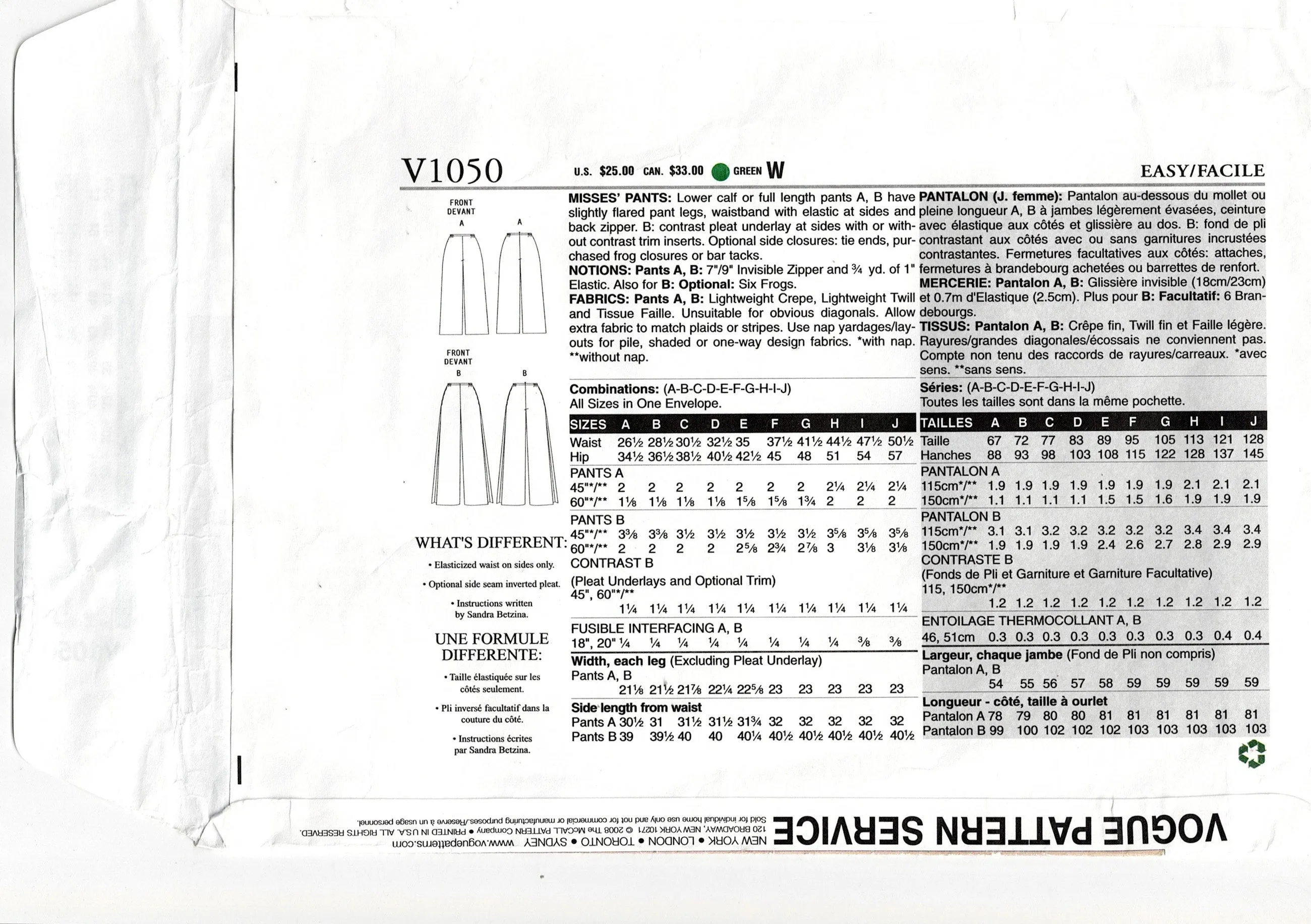 Vogue 1050 Today's Fit SANDRA BETZINA Womens Casual Pants with Optional Side Contrast Underlay Out Of Print Sewing Pattern ALL SIZES UNCUT Factory Folded
