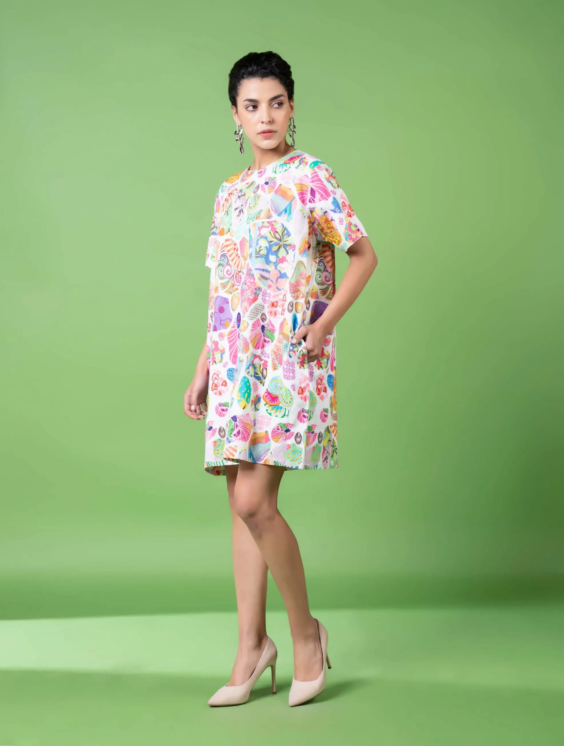 White block print embroidered dress
