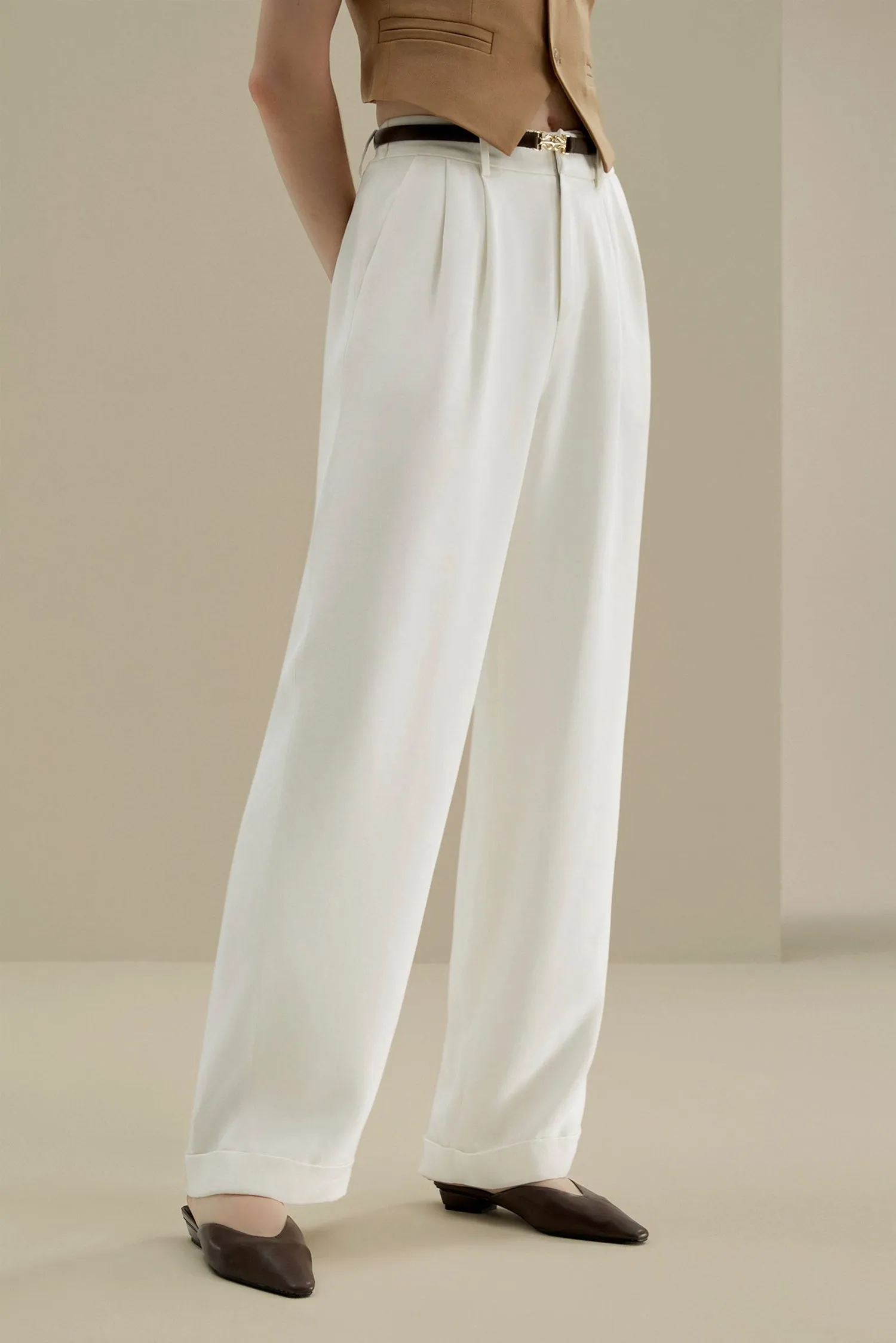 White Pleated Wide-Leg Trousers