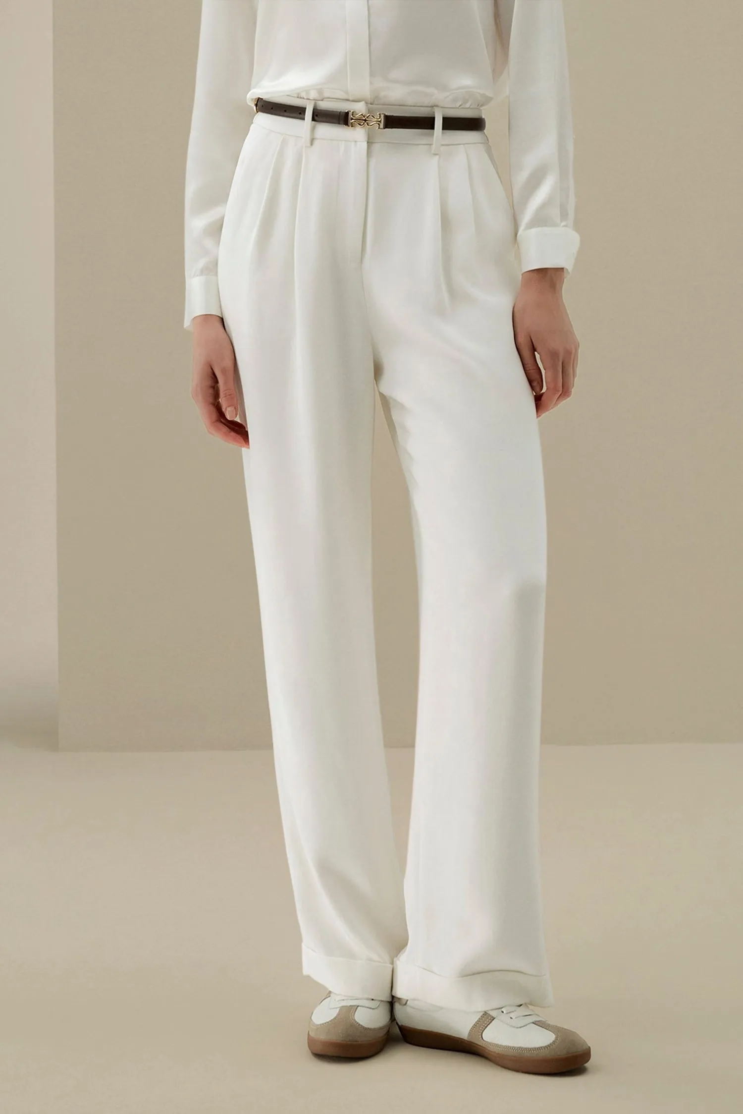 White Pleated Wide-Leg Trousers