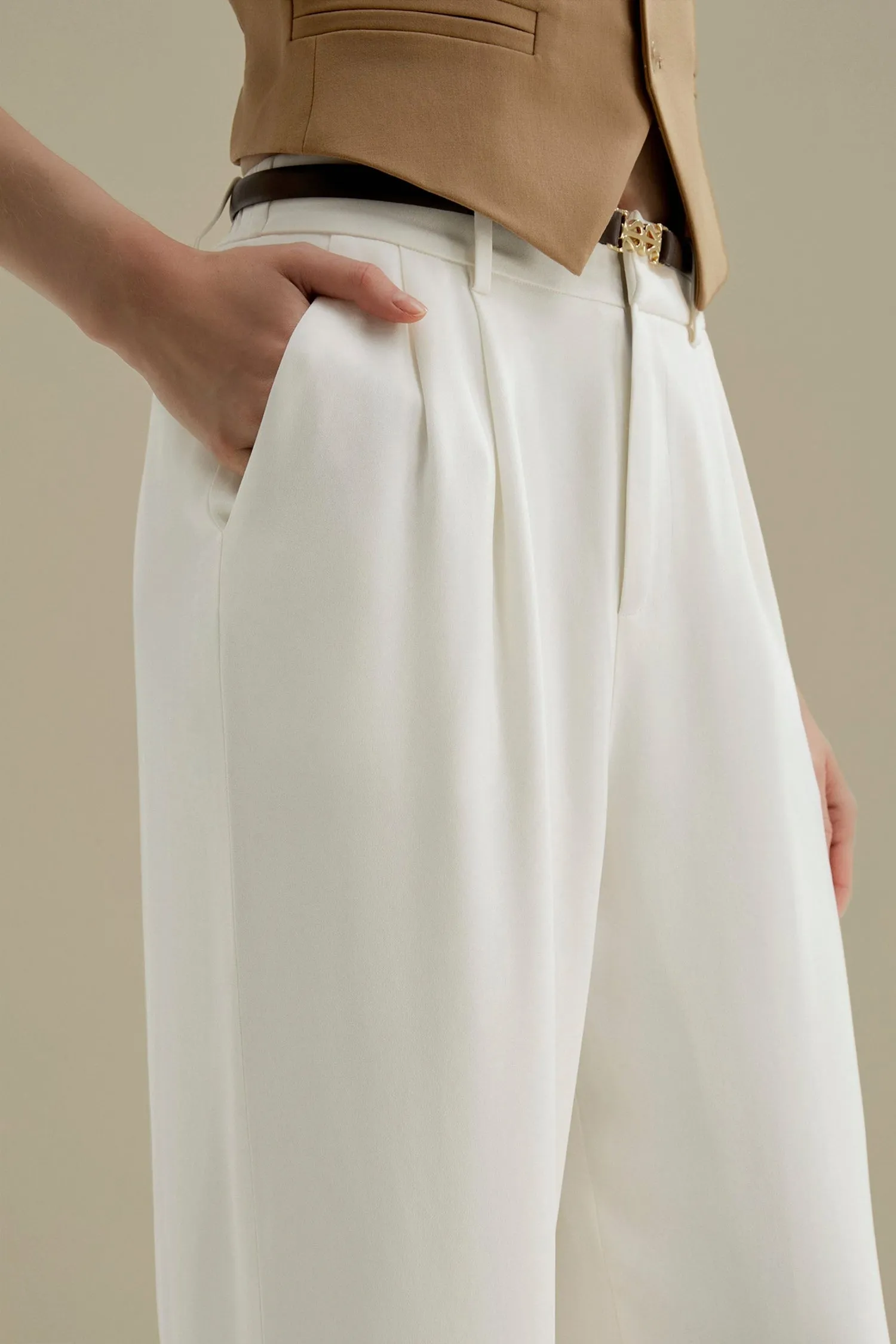 White Pleated Wide-Leg Trousers