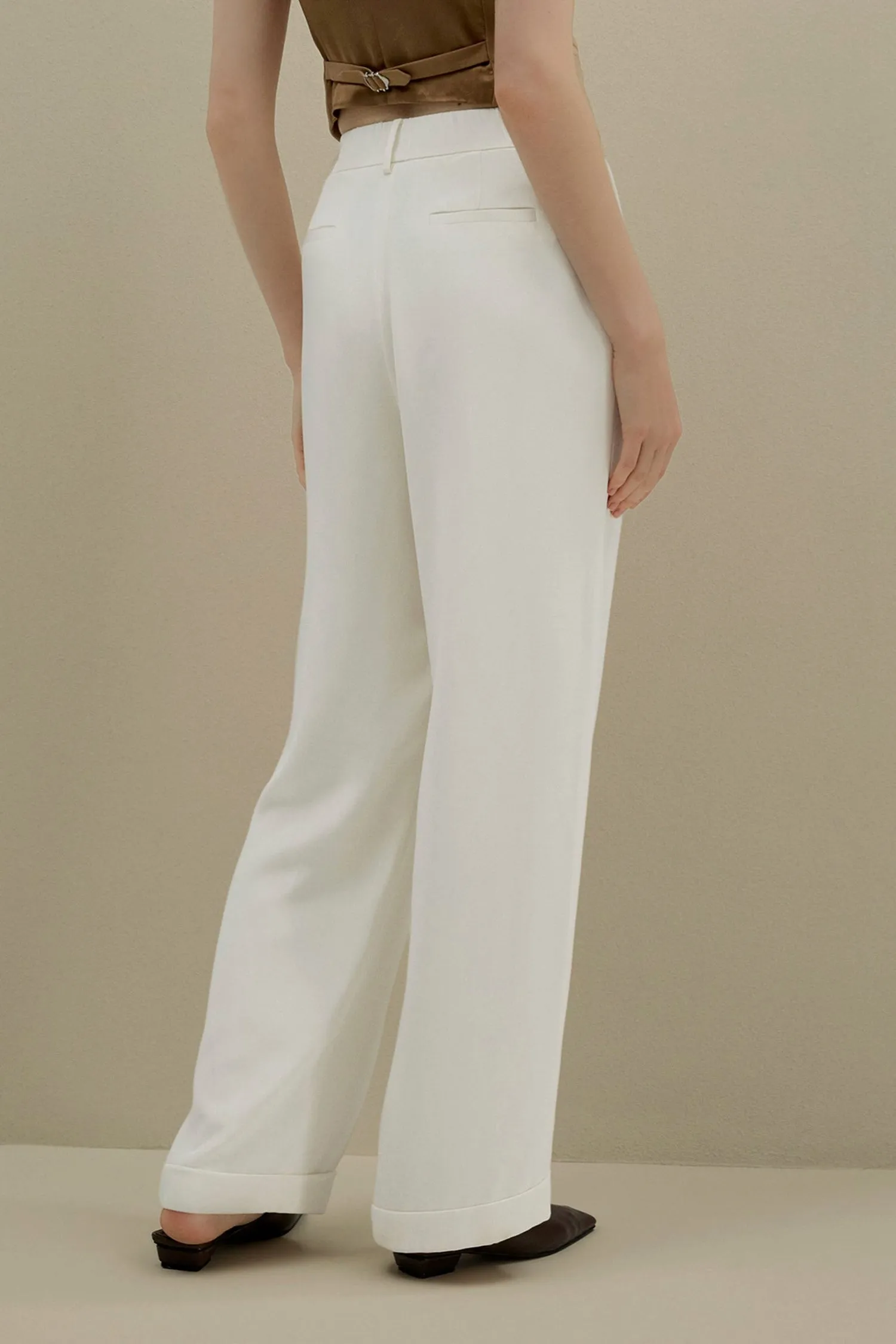 White Pleated Wide-Leg Trousers
