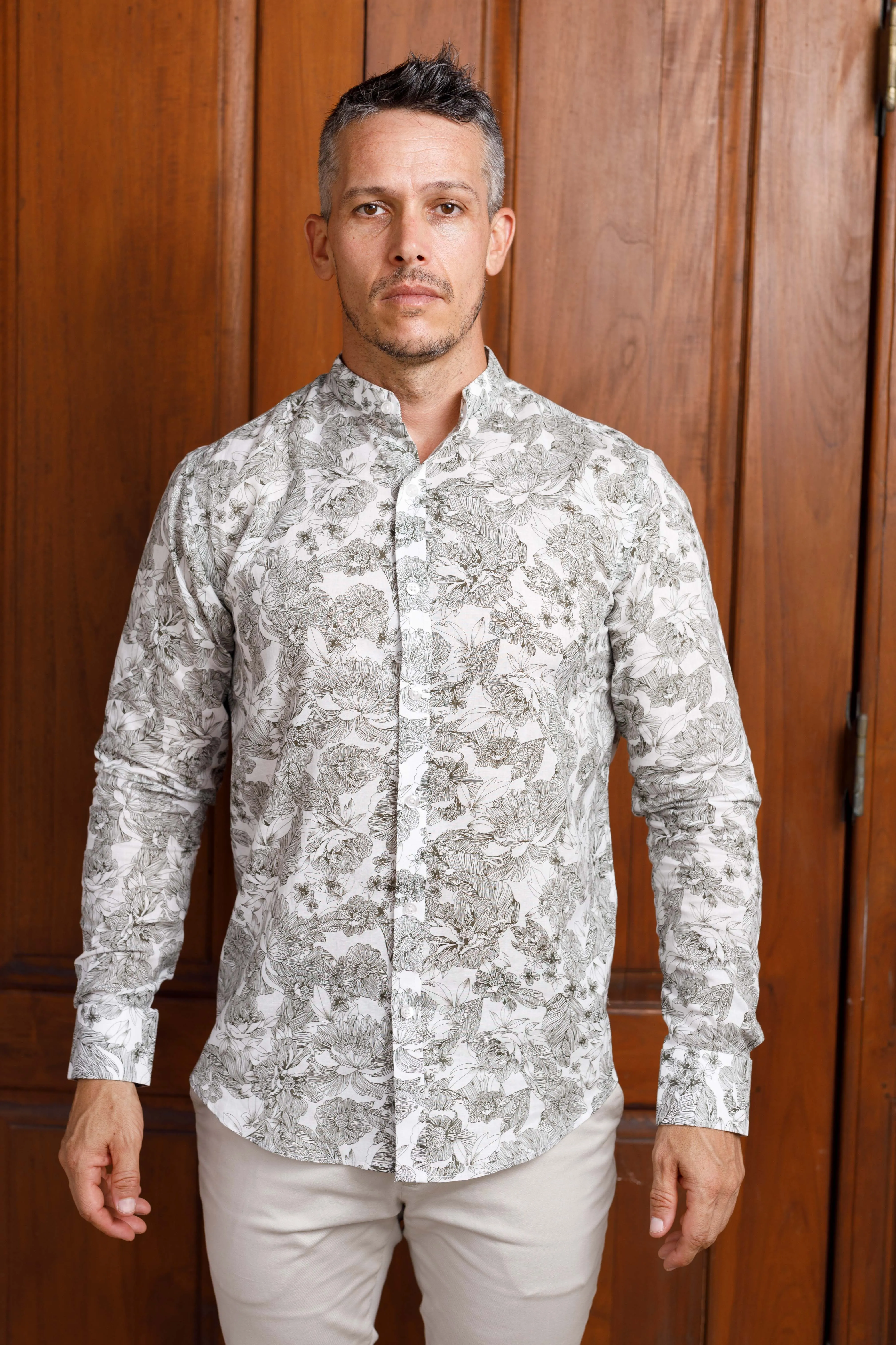 White Printed Nehru Linen Shirt