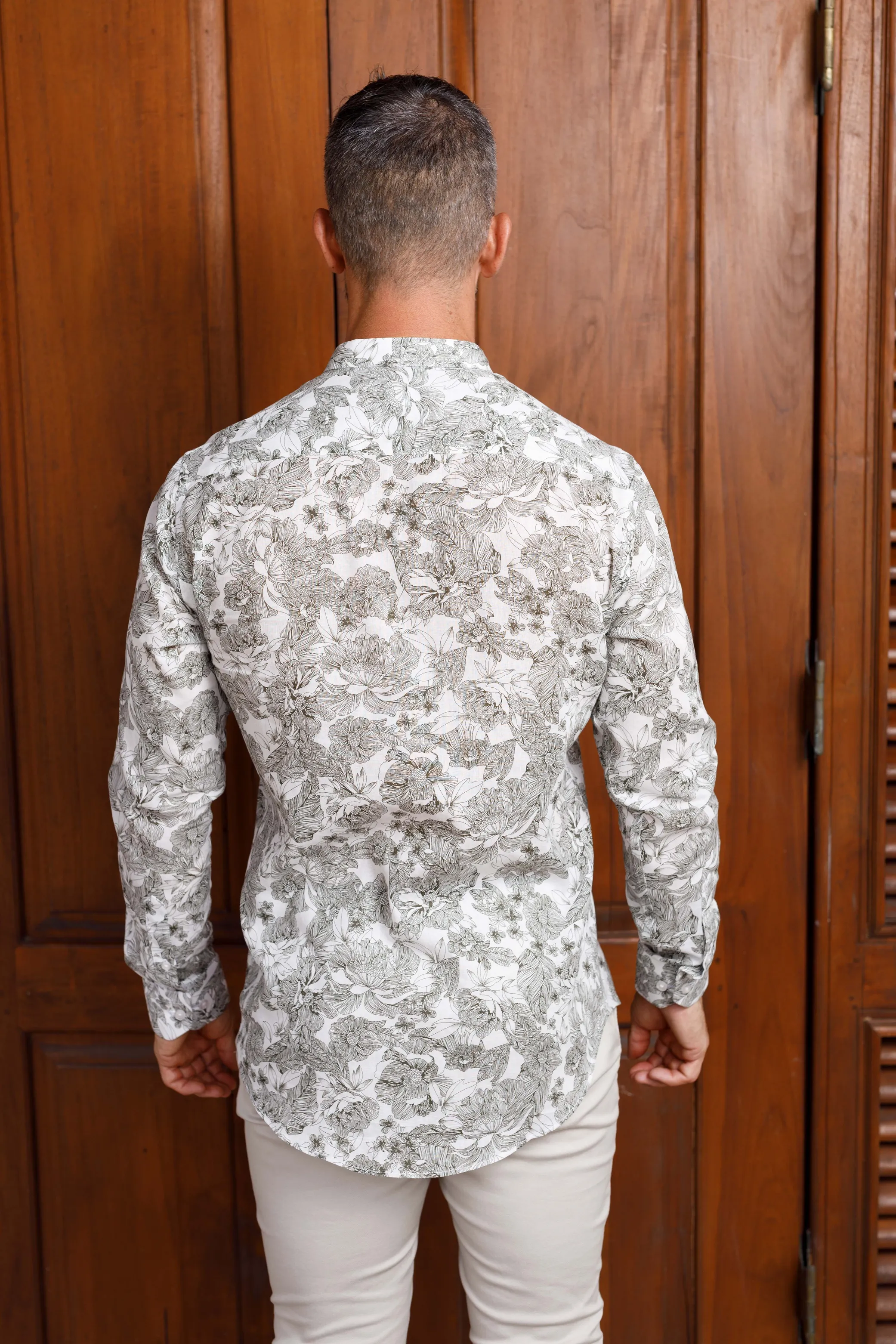 White Printed Nehru Linen Shirt