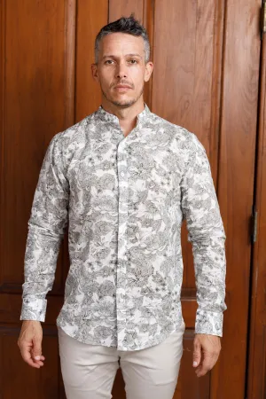 White Printed Nehru Linen Shirt