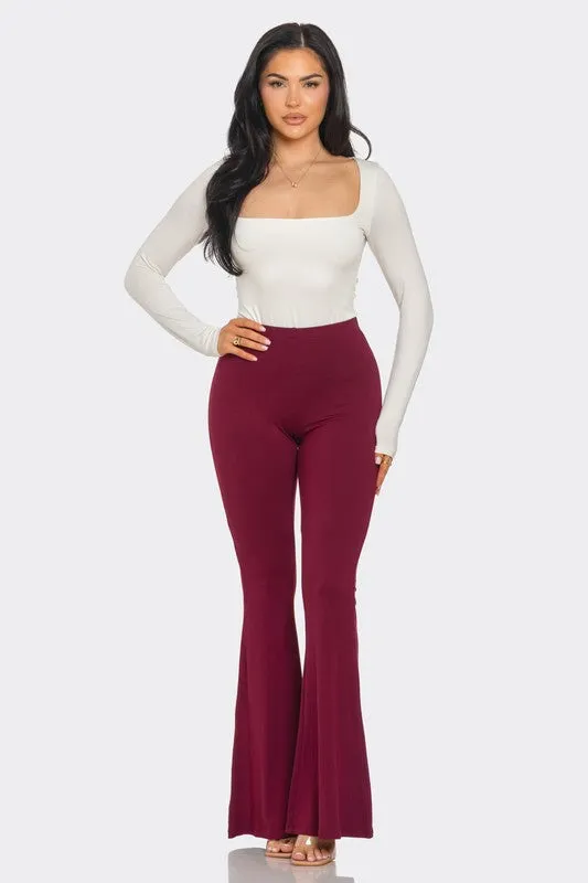 Wine Solid Flared Long Pants With Unique Waistband Detail - Comfortable 95% Polyester Blend