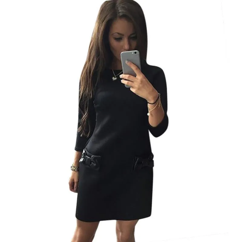 Women Bow Mini Dresses Winter Straight Casual 3/4 Sleeves Solid Dress Vestido