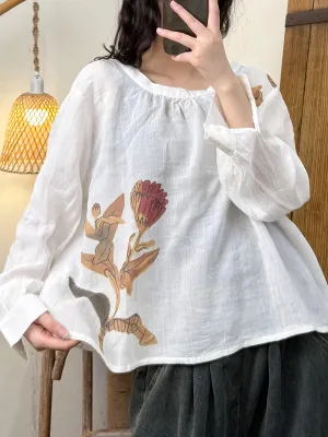 Women Spring Artsy O-Neck Flower Strap Linen Shirt